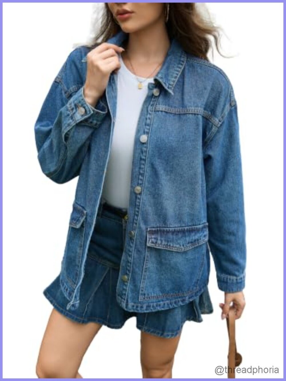 Oversized Denim Jacket Flap Pockets Cotton Polyester Casual Layering